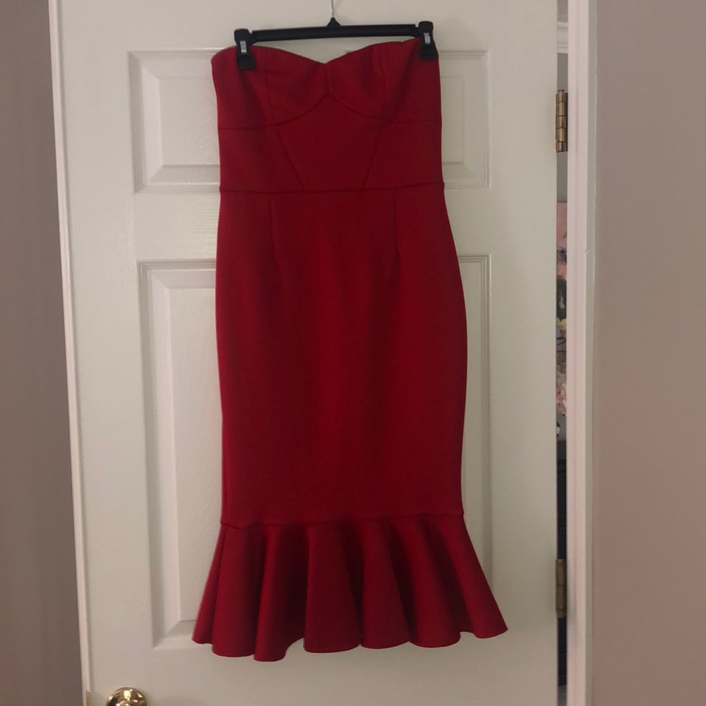 Express - Red Scuba Strapless Ruffle hem dress